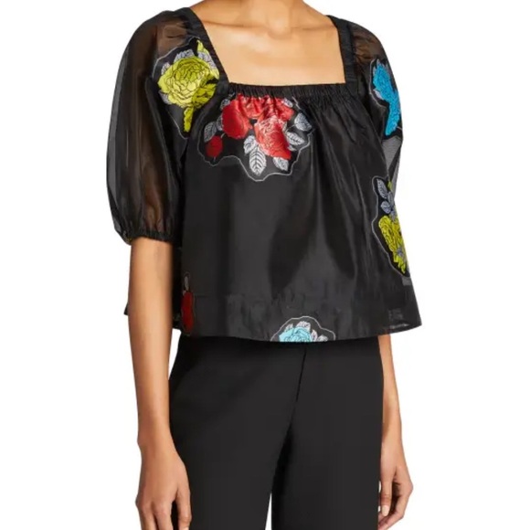 GANNI Floral-Patch Organza Puff-Sleeve Blouse - Picture 1 of 7